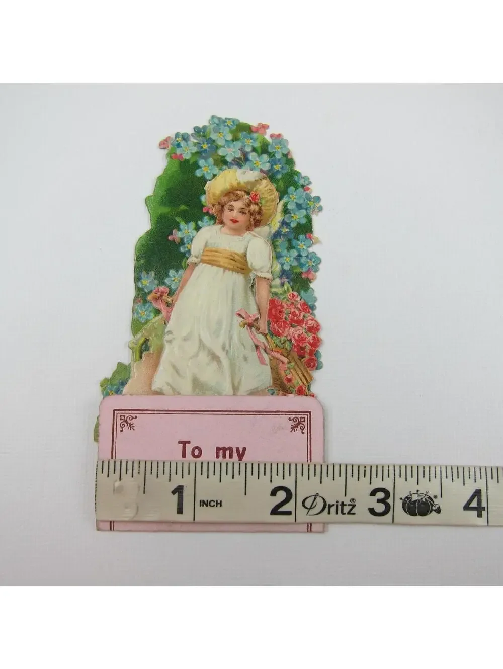 Vintage Valentine 3D Pop Up Die Cut Girl Hat Wheelbarrow Red Roses Blue Flowers